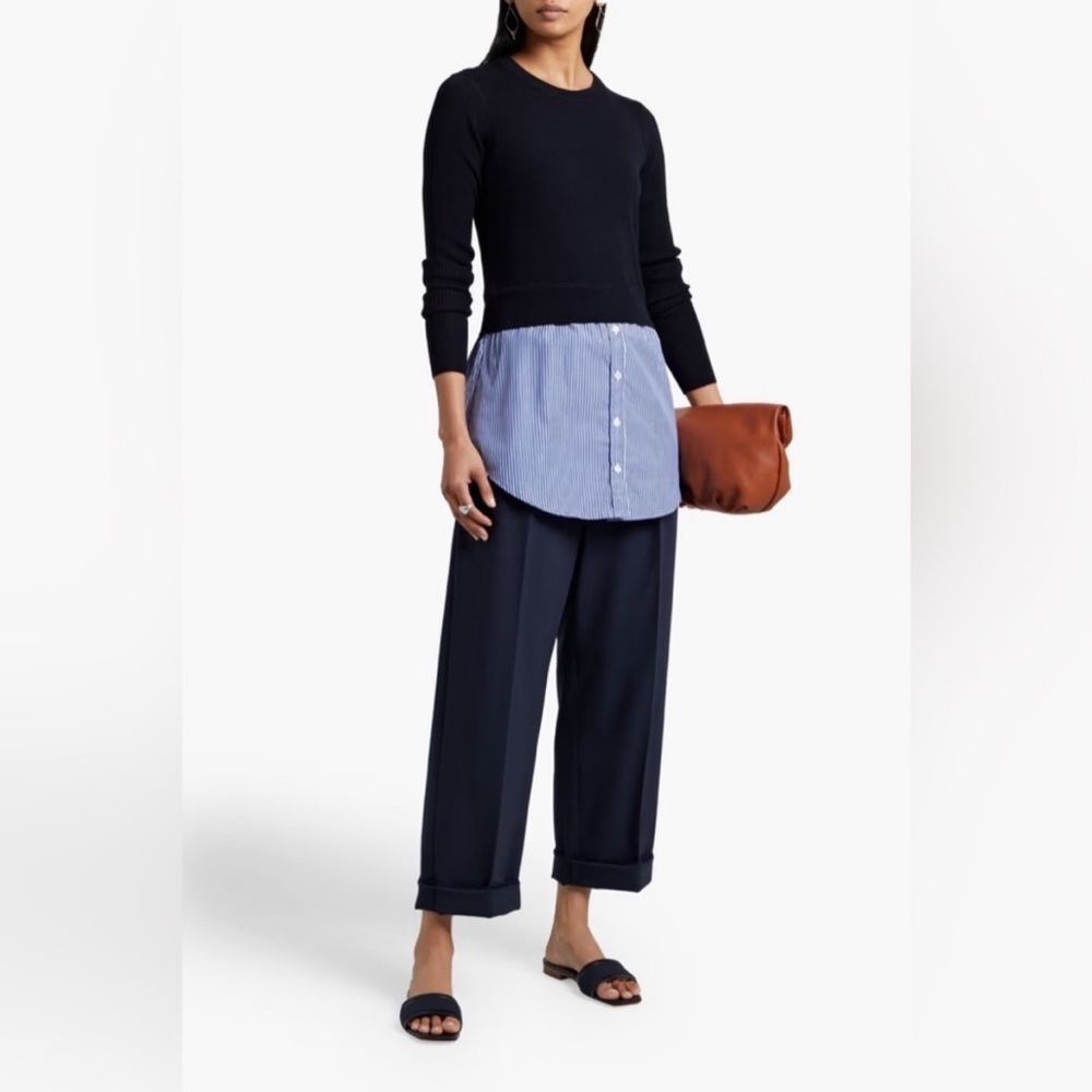 Veronica Beard Black Crewneck Layered Sweater with Blue Stripe Shirt Hem